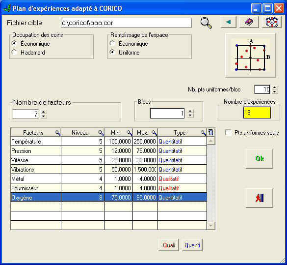 Copie d'écran, définition d'un plan d'expérience (DOE)