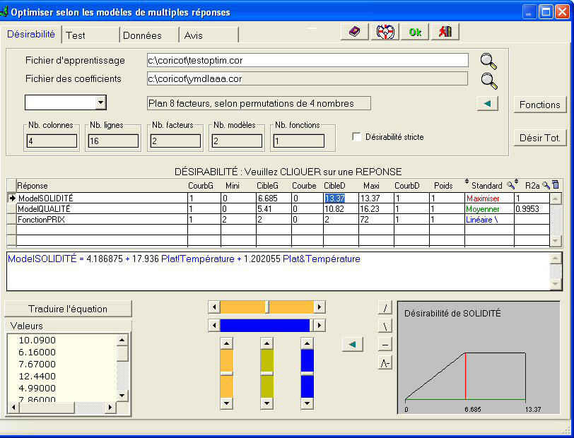 Copie d'écran : désirabilité, dans un plan d'expérience