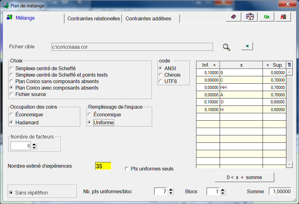 plan de mélange CORICO: contraintes simples