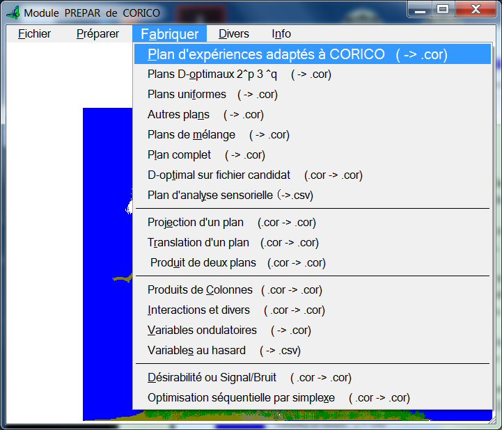 Menu plan d'expériences CORICO